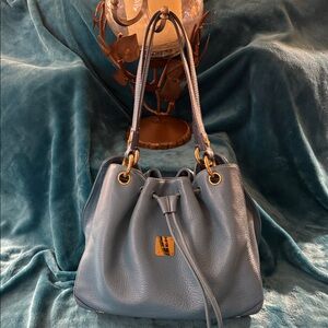 Elegant Blue Leather Bucket Bag